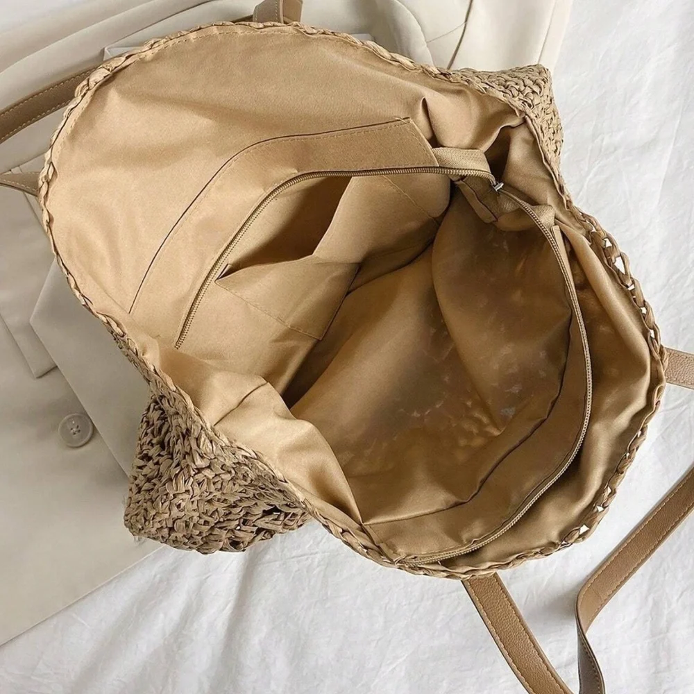 Oversized Straw Circular Lined Tote Shoulder Beach Bag - Picture 6 of 7